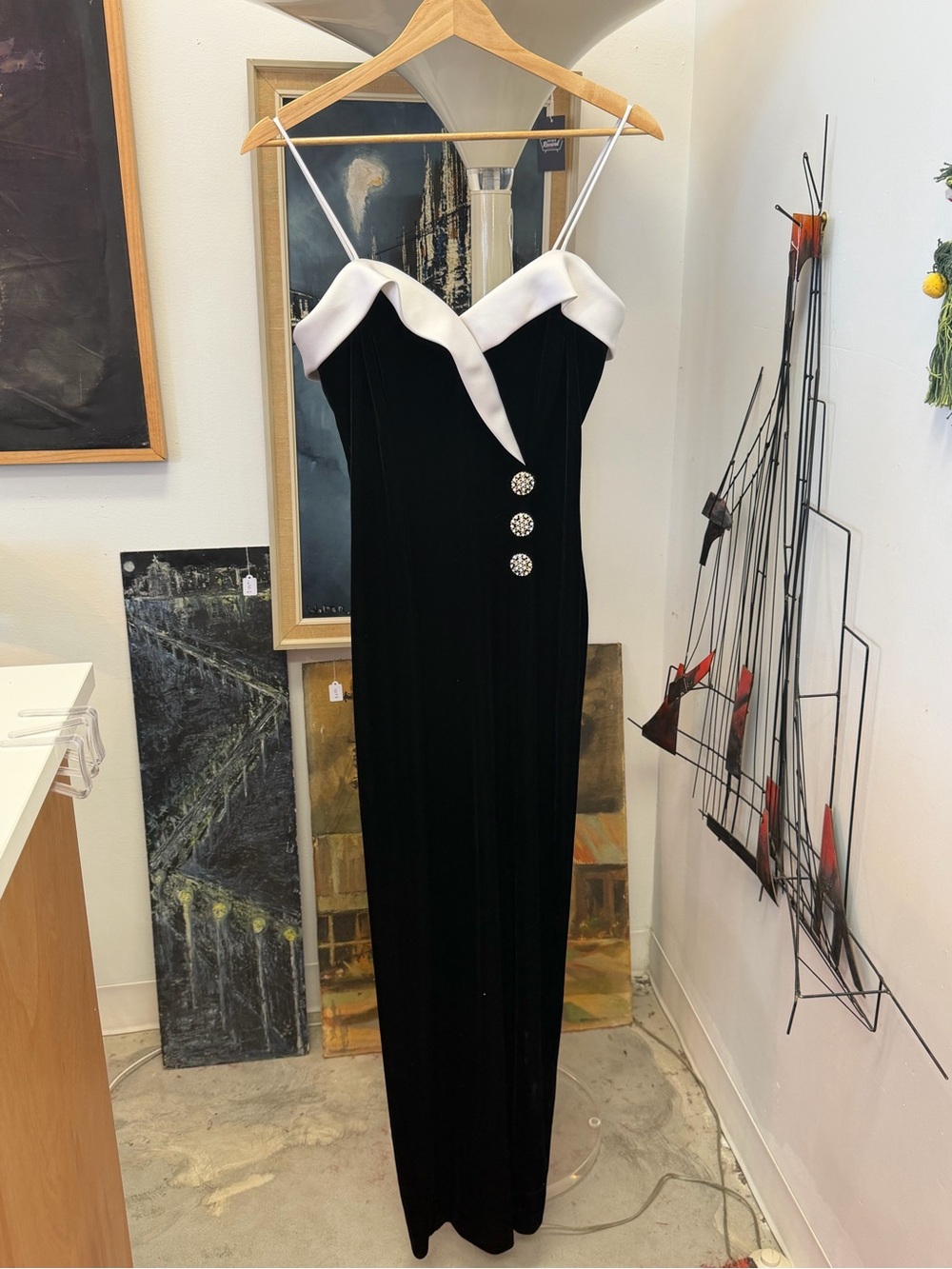 Betsy & Adam Black Velvet Evening Gown with White Trim